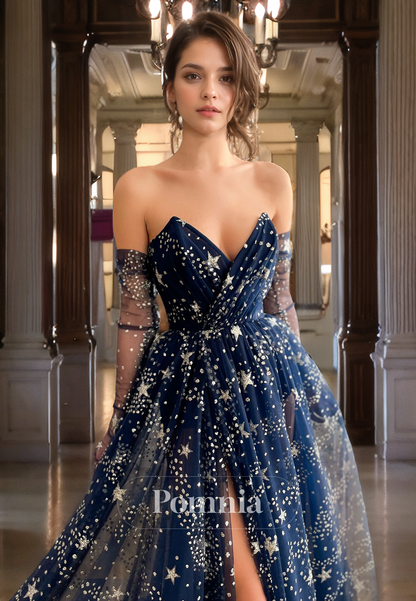 A-Line Off-Shoulder V-Neck Star Print Tulle Empire-Waist Long Prom Dress with Slit