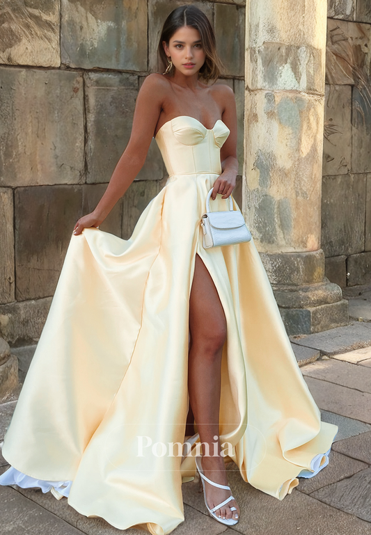 A-Line Off-Shoulder Empire-Waist Sleeveless Satin Long Prom Dress with Slit