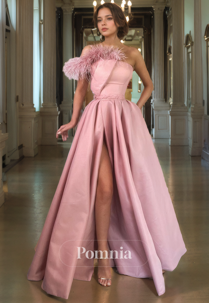 A-Line Off-Shoulder Empire-Waist Pleated Satin Long Prom Party Dress with Slit