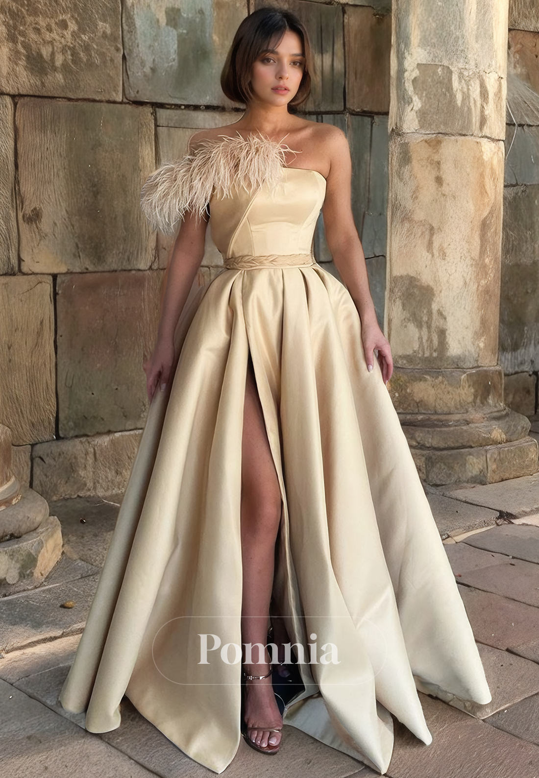 A-Line Off-Shoulder Empire-Waist Pleated Satin Long Prom Party Dress with Slit