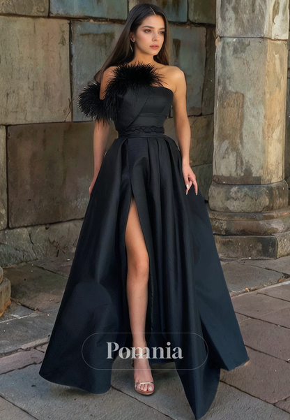 A-Line Off-Shoulder Empire-Waist Pleated Satin Long Prom Party Dress with Slit