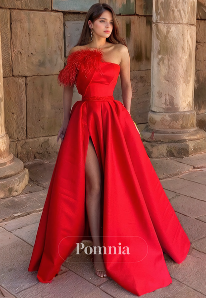 A-Line Off-Shoulder Empire-Waist Pleated Satin Long Prom Party Dress with Slit