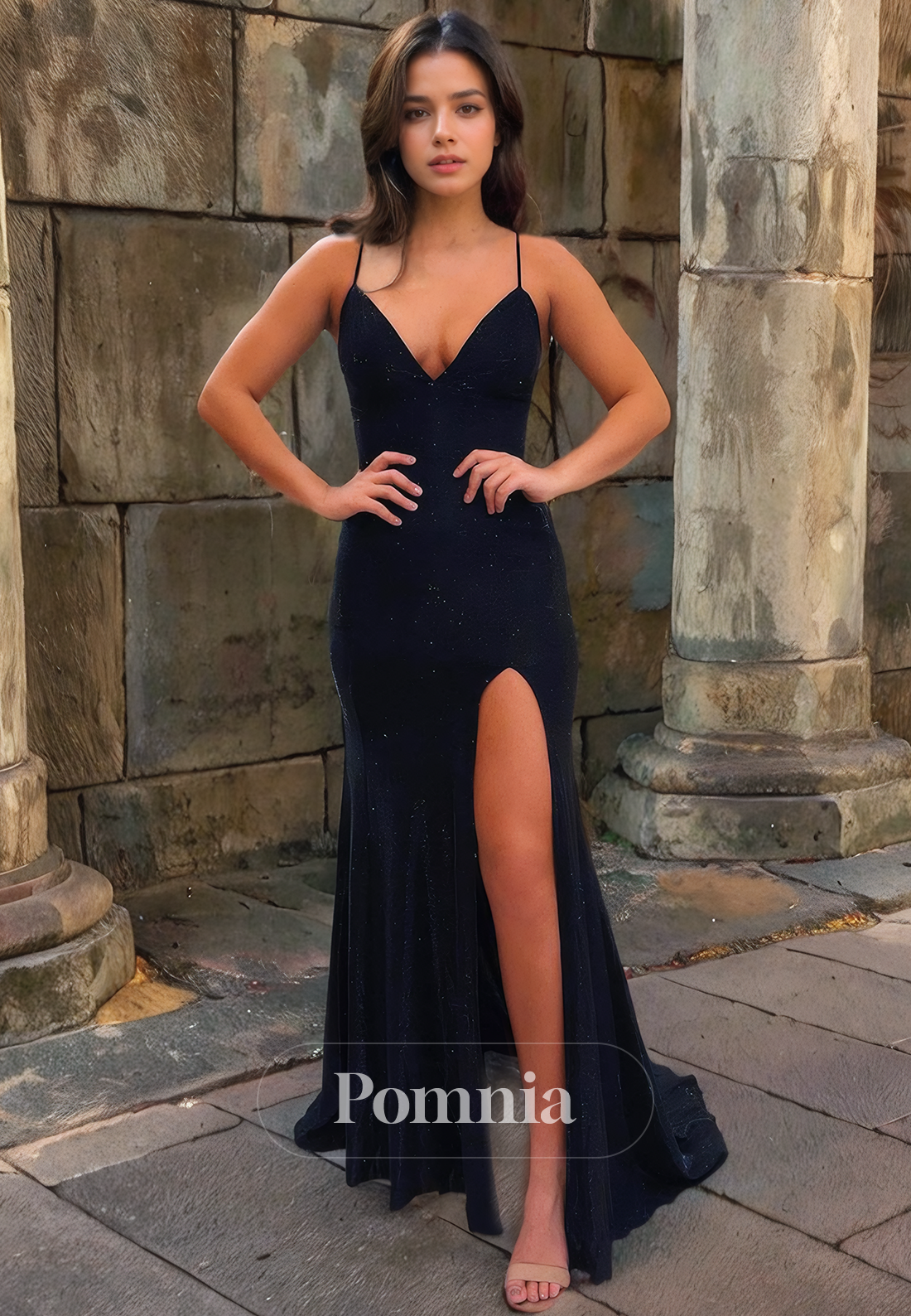 Spaghetti Straps V-Neck Sleeveless High Slit Mermaid/Trumpet Long Prom Dress