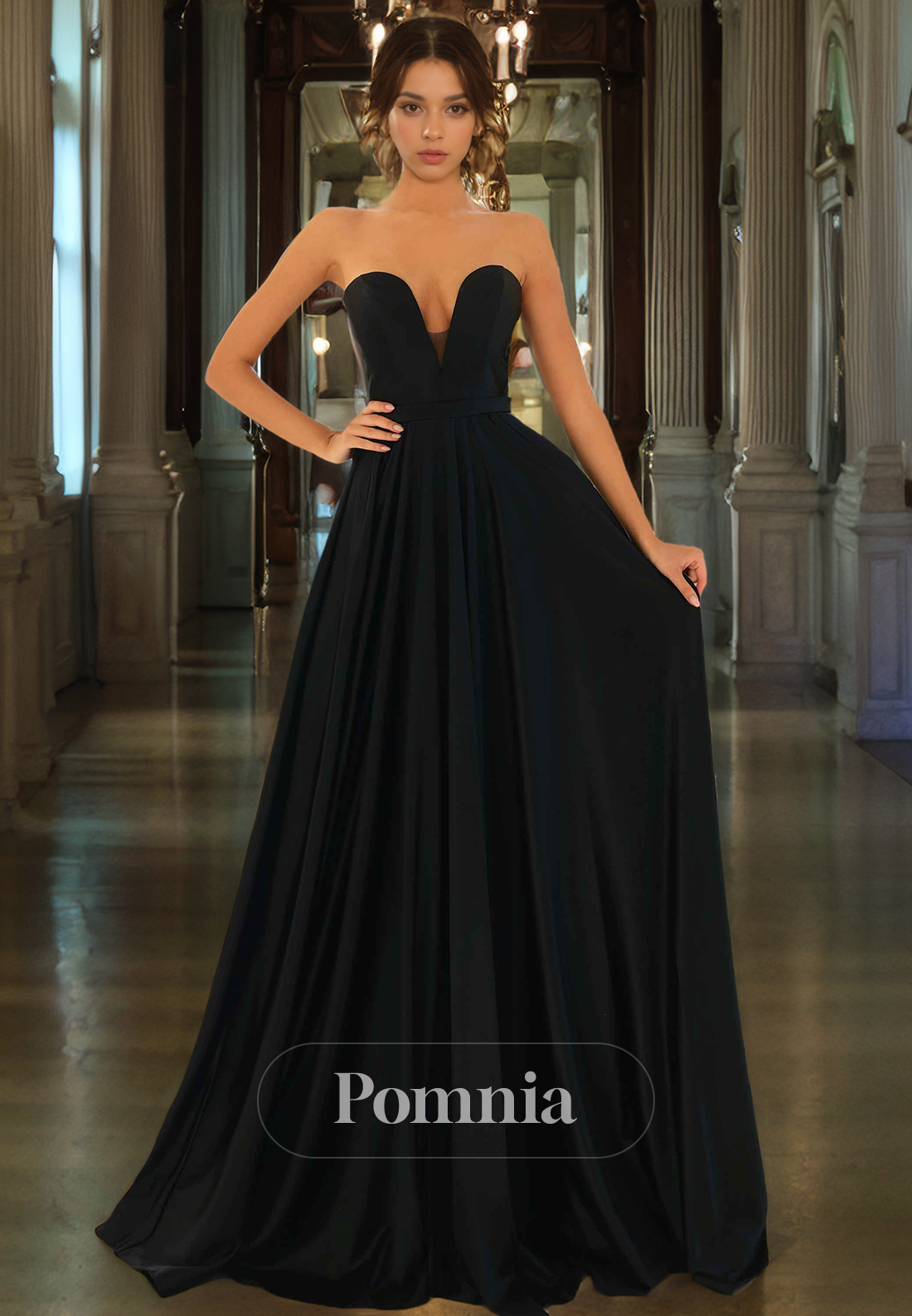 A-Line Off-Shoulder V-Neck Empire-Waist Sleeveless Pleated Long Prom Dress