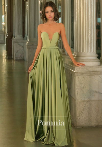 A-Line Off-Shoulder V-Neck Empire-Waist Sleeveless Pleated Long Prom Dress