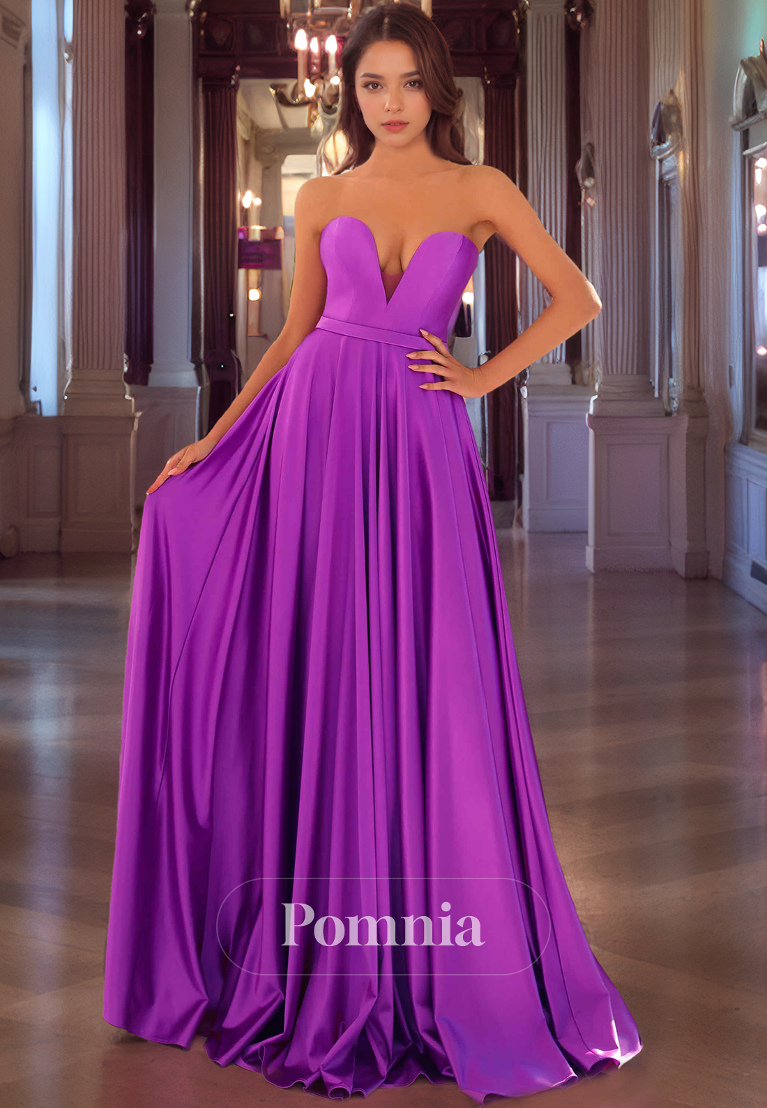 A-Line Off-Shoulder V-Neck Empire-Waist Sleeveless Pleated Long Prom Dress