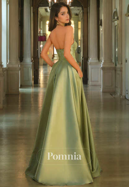 A-Line Empire-Waist Sleeveless Satin Pleated Long Prom Party Dress with Slit