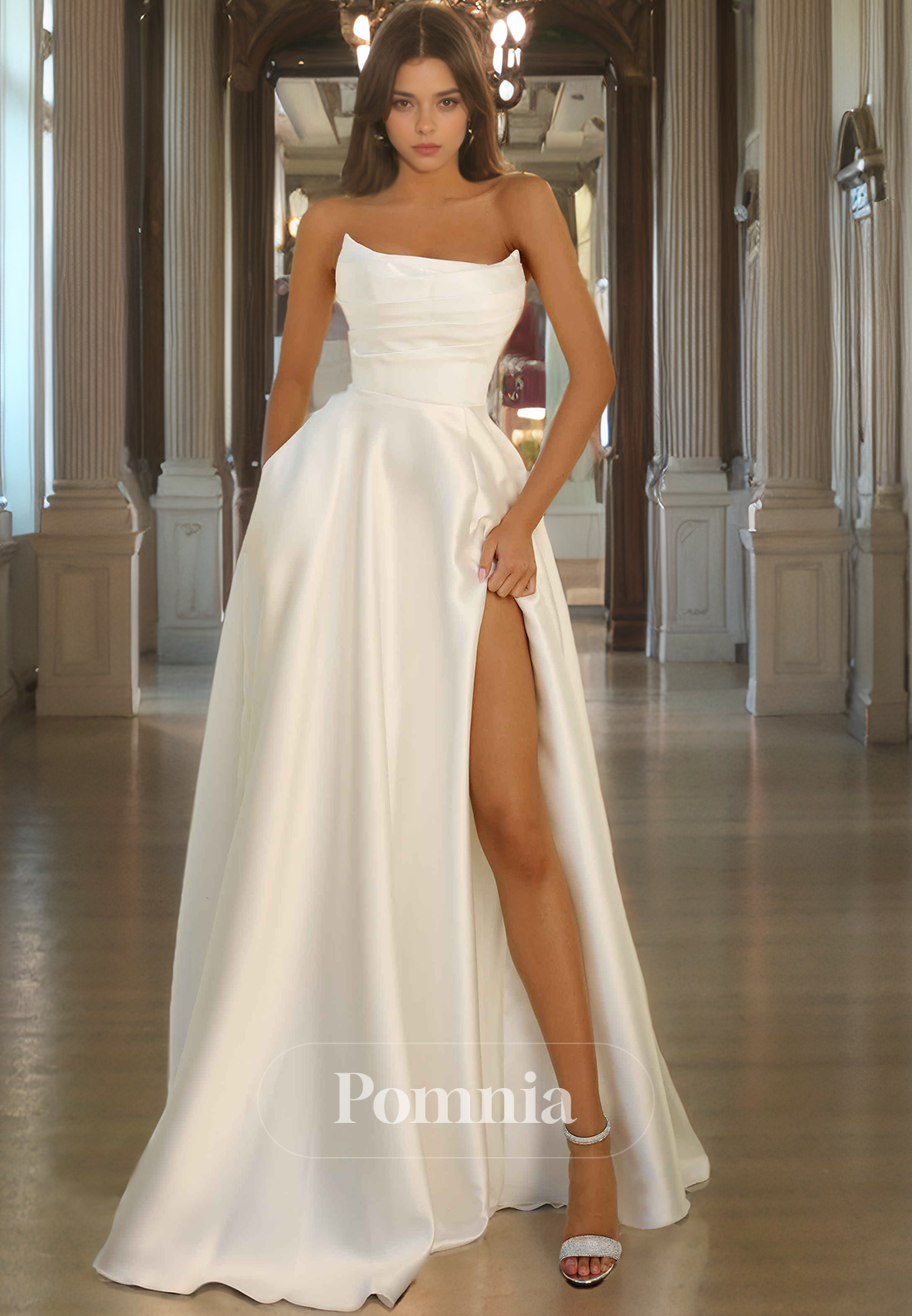 A-Line Empire-Waist Sleeveless Satin Pleated Long Prom Party Dress with Slit