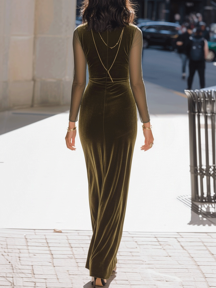 Olive Velvet Gown With Sheer Sleeves