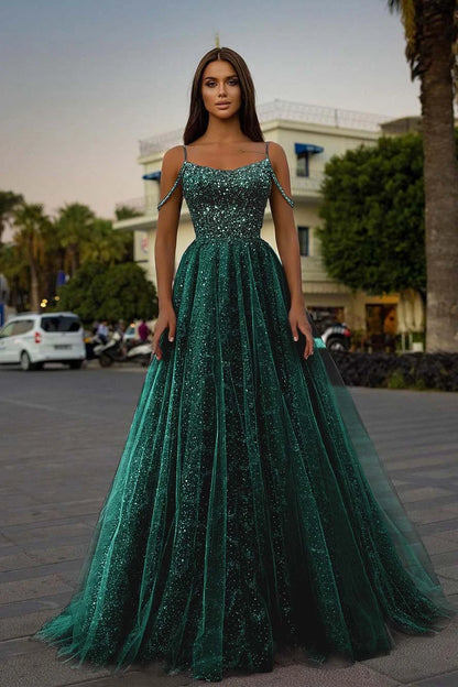 Tulle A-Line Long Spaghetti-Straps Prom Dress With Sequins Beads