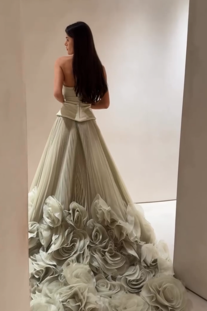 Green Pleated Long Handmade Flowers Strapless Prom Dress