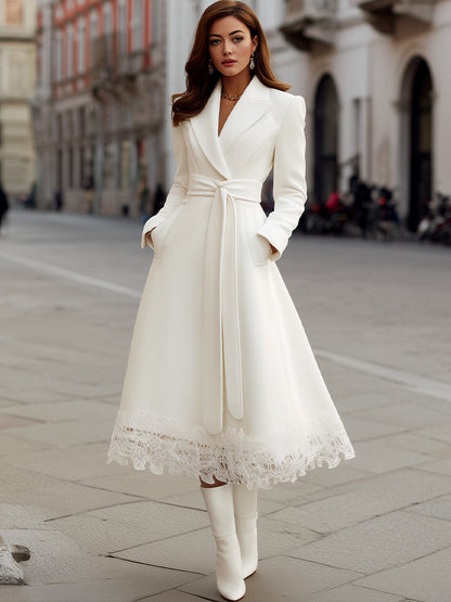Elegant White Lace-Trim Belted Coat Dress