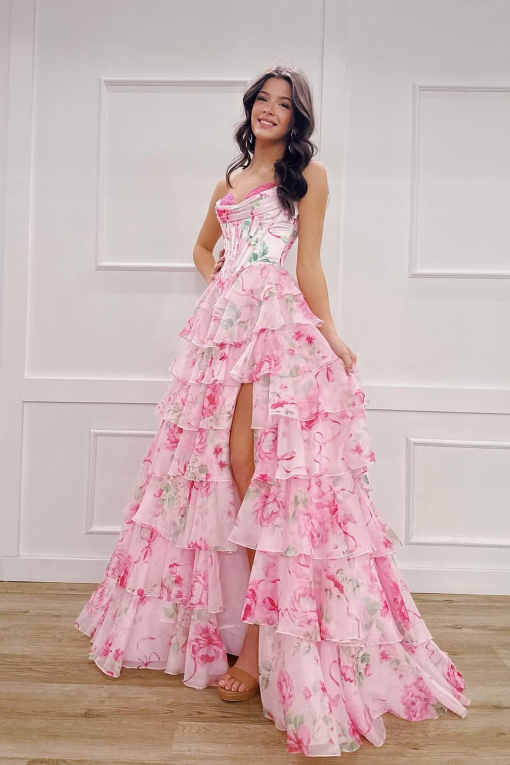 Cute A Line Sweetheart Pink Floral Chiffon Long Prom Dress with Slit