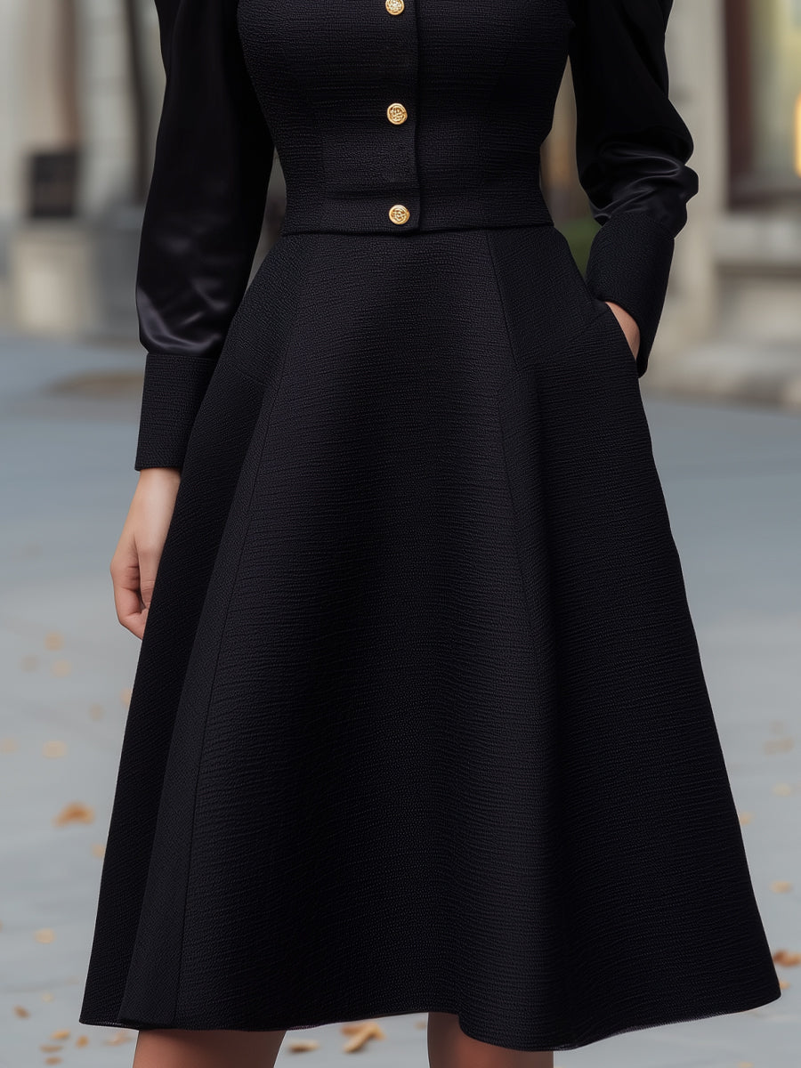 Structured Contrast-Sleeve A-Line Midi Dress