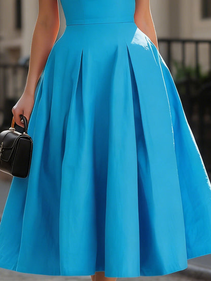 Mooyius Turquoise Square Neck Sleeveless Pleated Midi Dress