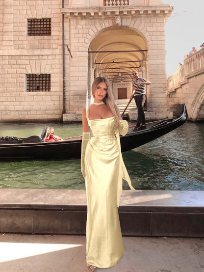 Spaghetti Strap Sleeveless Long Mermaid Prom Dress With Gloves