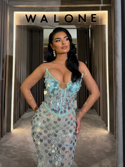 Long dress with crystal mesh overlay and structured corset bodice