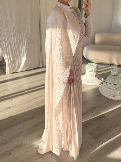 Beige Sheath High Neck Long Sleeves Ruched Evening Formal Dress