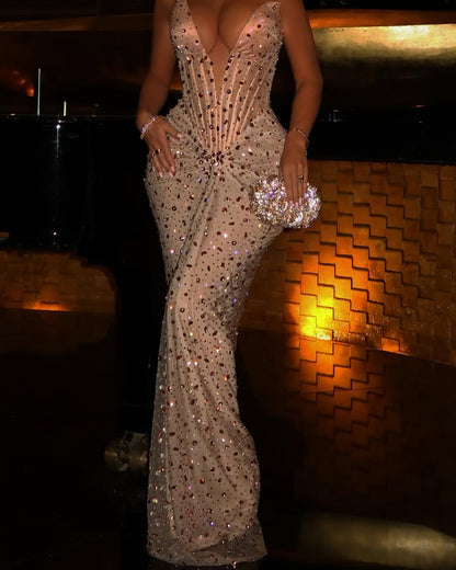 Champagne V Neck Sleeveless Ruche Corset Rhinestones Prom Evening Dress