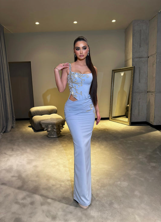 Sky Blue Spaghetti Straps Square Ruched Prom Dress