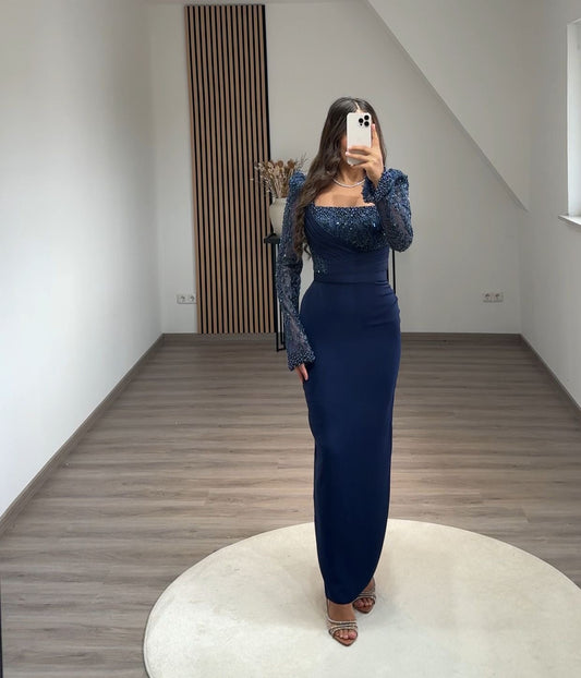 Long Sleeves V-Neck Prom Dress with Beads Sweep Train Evening Dress