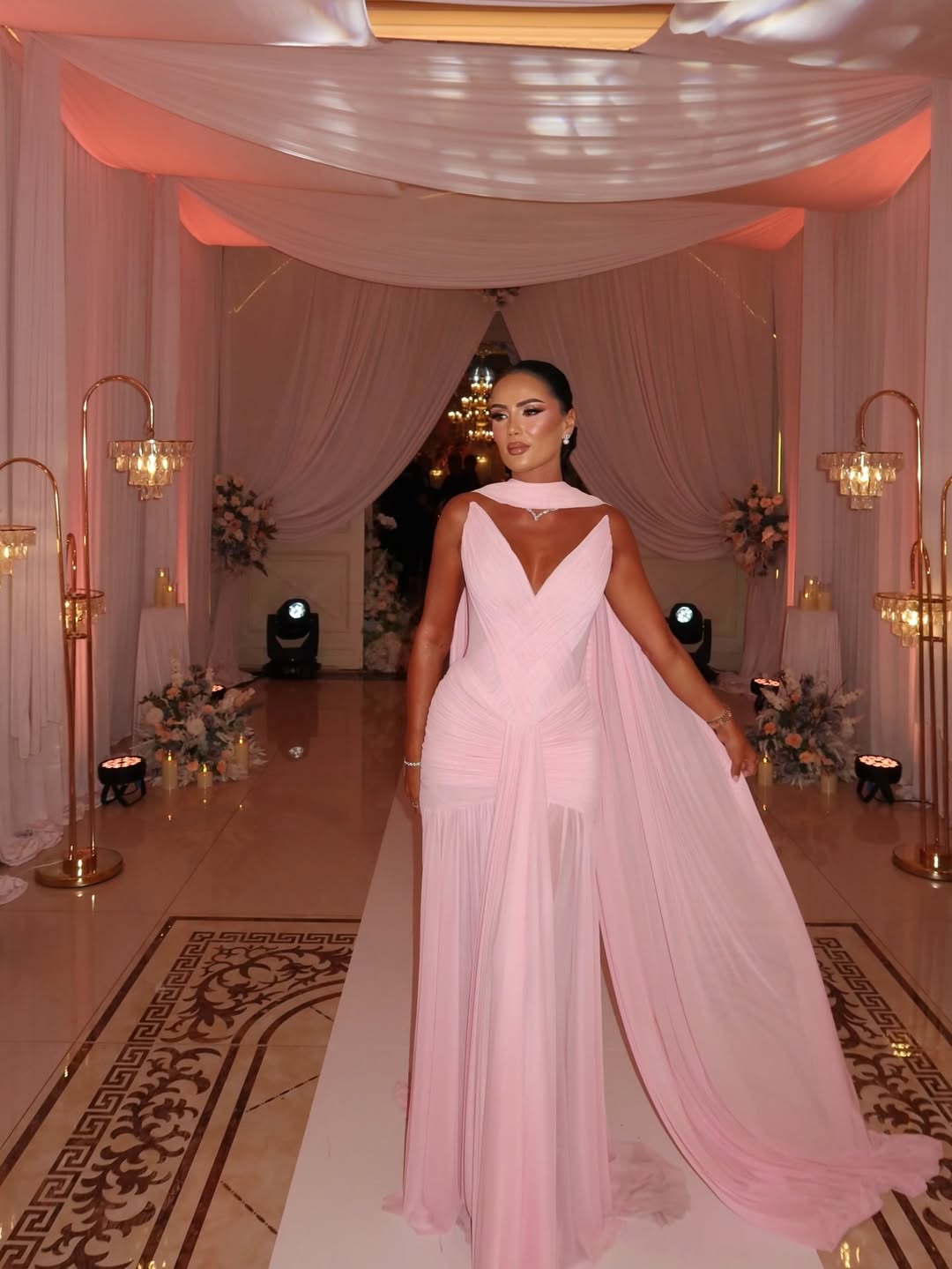 Blushing Pink Draped Sleeveless Evening Gown
