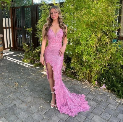 Pink Sequins Lace Feathers Mermaid Evening Dress Slit Prom Dress