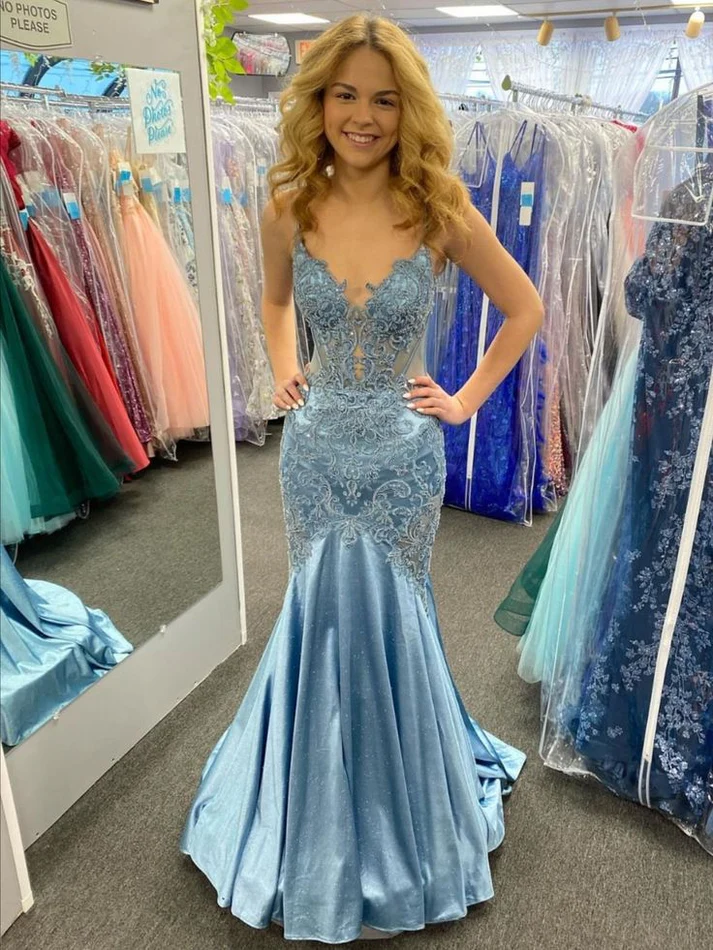 Appliqued Mermaid Light Blue Lace Spaghetti Straps Pageant Formal Prom Dress