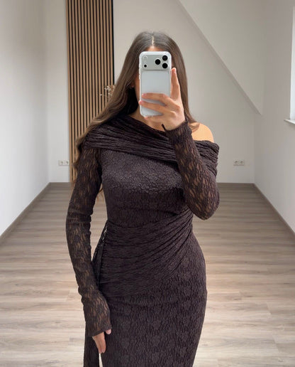 Long Sleeves Scoop Ruched Evening Party Dress with Detachable Train