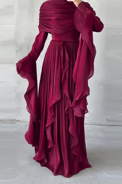 Draped Shoulder Pleated Slit Ruffled Trim Bell Sleeve Maxi Dress
