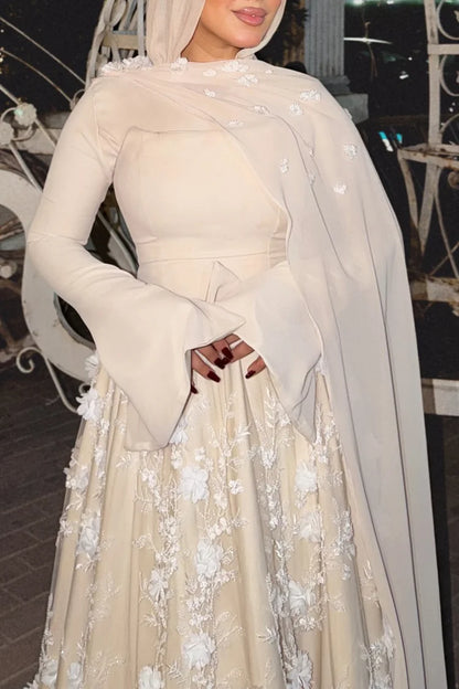 3D Floral Embroidery Corset Streamer Slit Cuff Party Maxi Dress