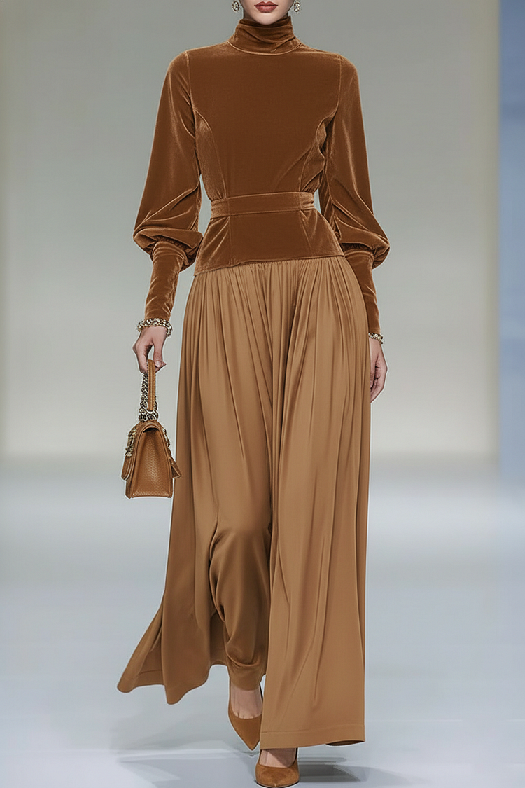 Velvet Patchwork Lantern Sleeve Pleated Hem Party Maxi Dress