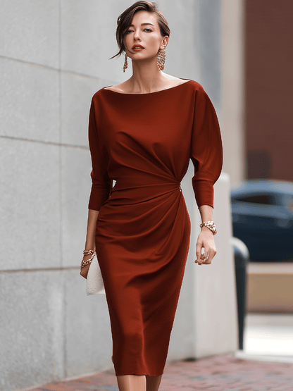 Rust Drape-Waist Midi Dress