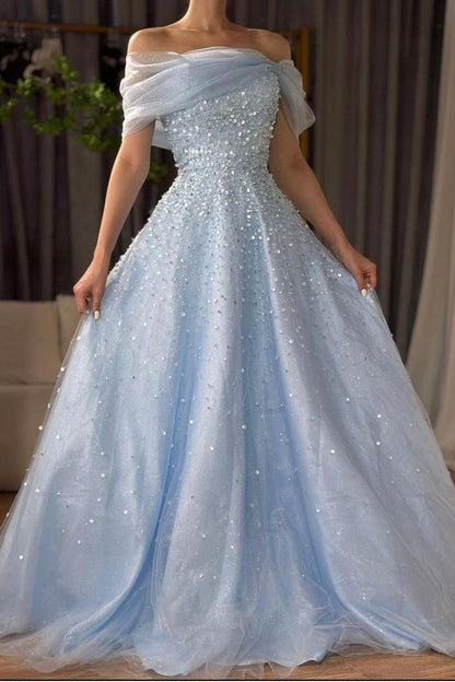 Off the Shoulder Sleeveless Long Prom Dress With Beading Tulle