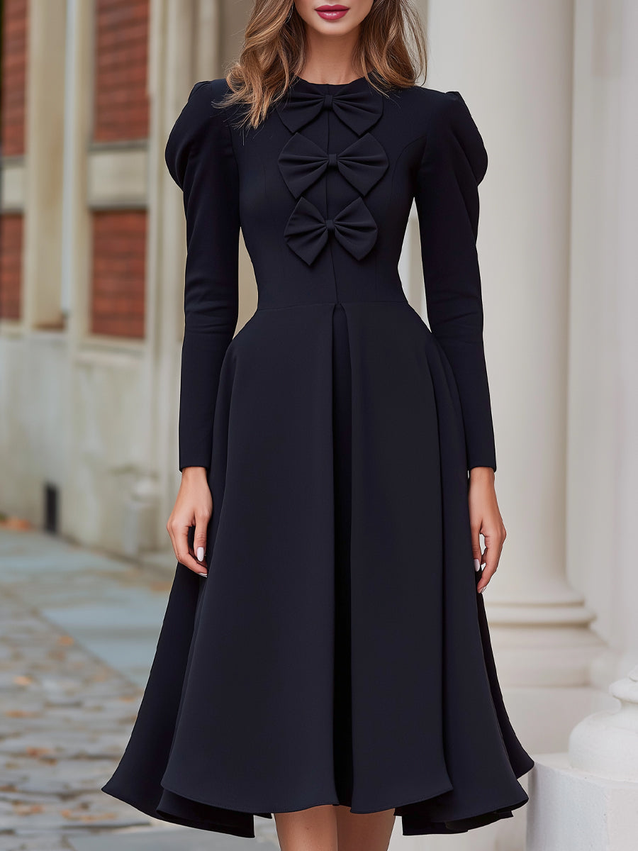 Bow-Detail Long Sleeve Midi Dress