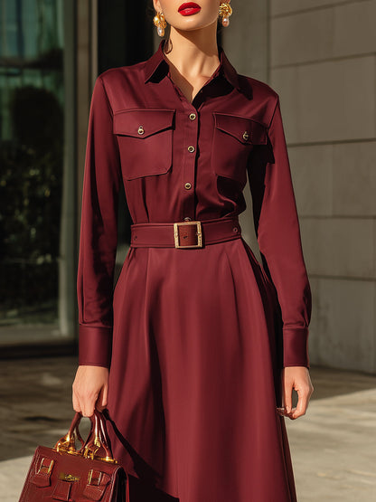 Burgundy Belted Long-Sleeve Shirt Midi Dress