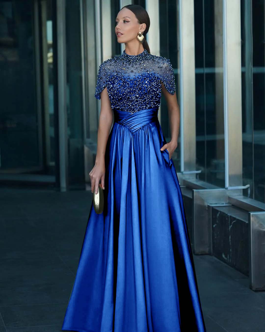 High-Neck Short Sleeves Long A-Line Pleated Prom Dress With Pockets And Beadings