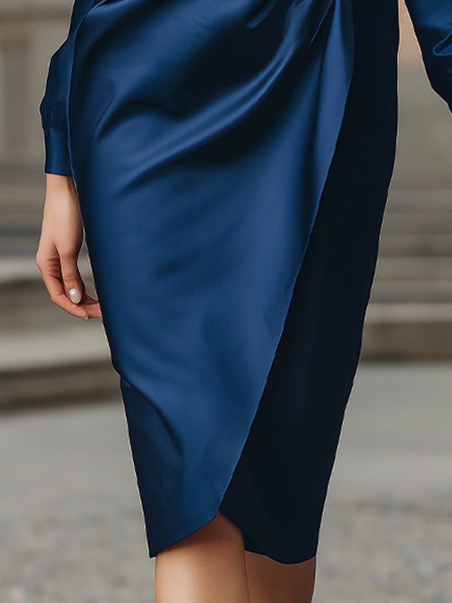 Elegant Satin Draped Wrap Dress With Leaf Brooch Detail