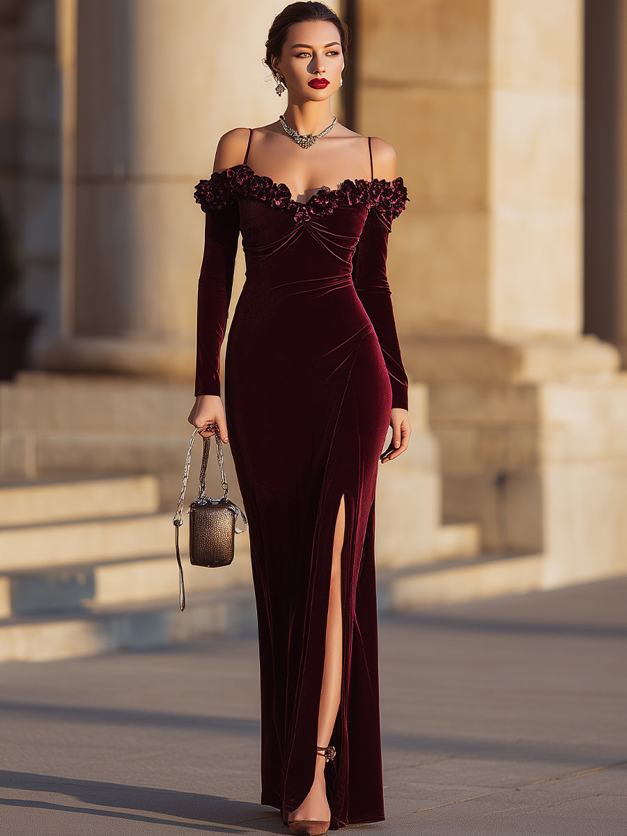 Velvet Off-Shoulder Rose Embellished Gown In Burgundy