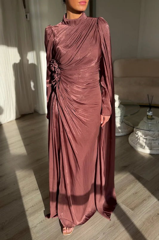 Rosette Ruched Cape Sleeve Sash Mock Neck Party Maxi Dress