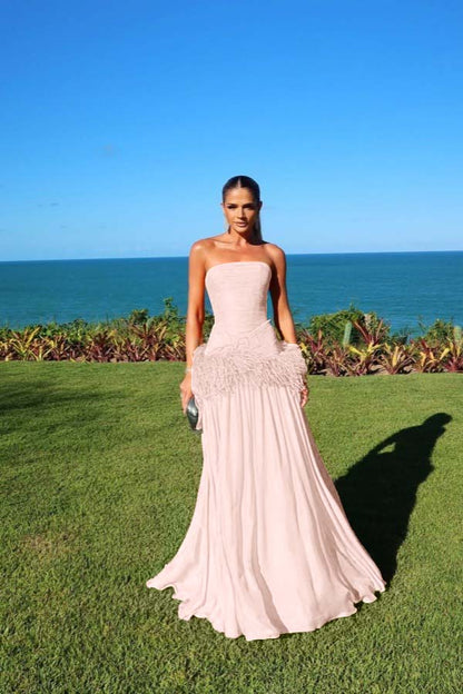 Chiffon Strapless Sleeveless Long A-Line Prom Dress With Pleated And Feathers