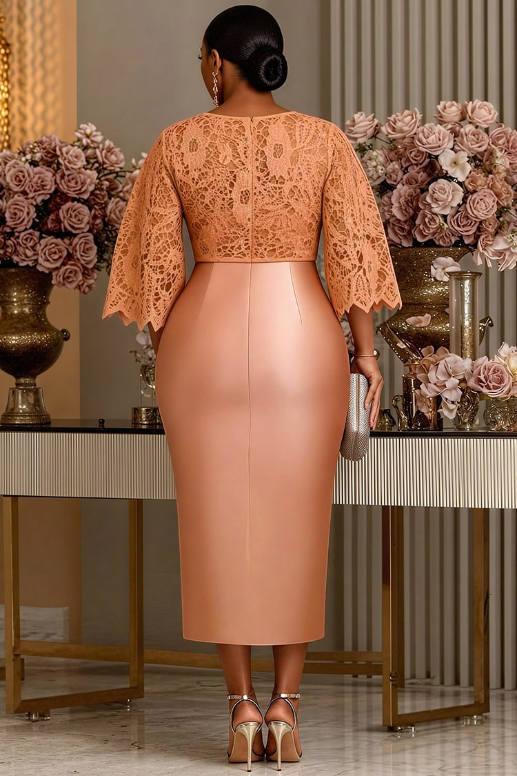Rose Gold Round Neck Flare 3/4 Sleeve Split Satin Midi Dress
