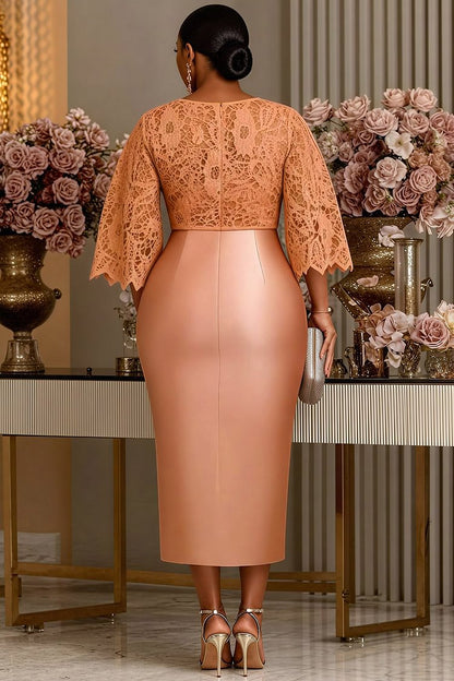 Rose Gold Round Neck Flare 3/4 Sleeve Split Satin Midi Dress