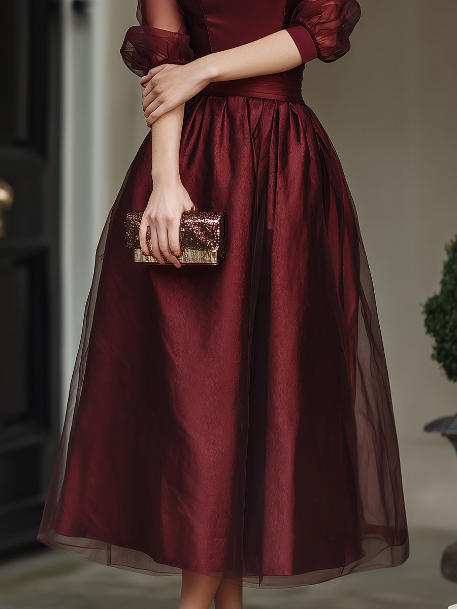 Elegant Sheer-Sleeve A-Line Midi Dress