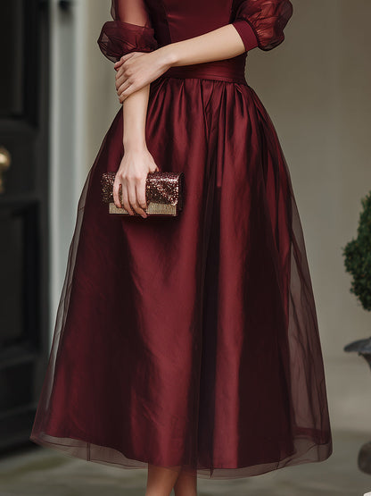 Elegant Sheer-Sleeve A-Line Midi Dress