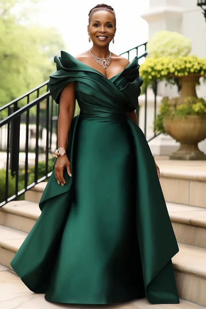 Formal Champagne V Neck Short Sleeve Peplum Satin Maxi Dress
