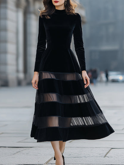 Elegant  Velvet Sheer Stripe Midi Dress
