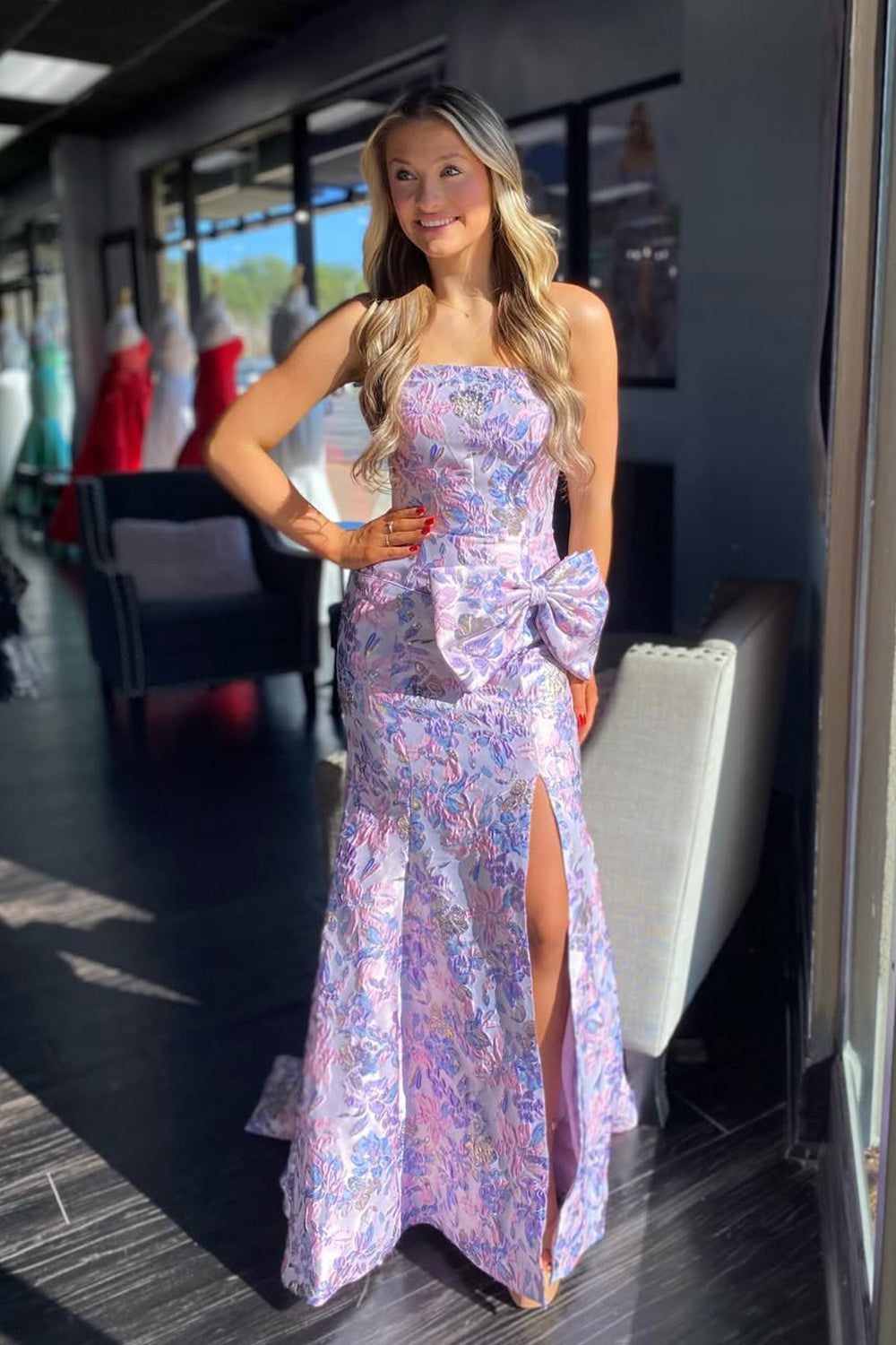 Mermaid Strapless Lavender Jacquard Satin Prom Dress with Slit