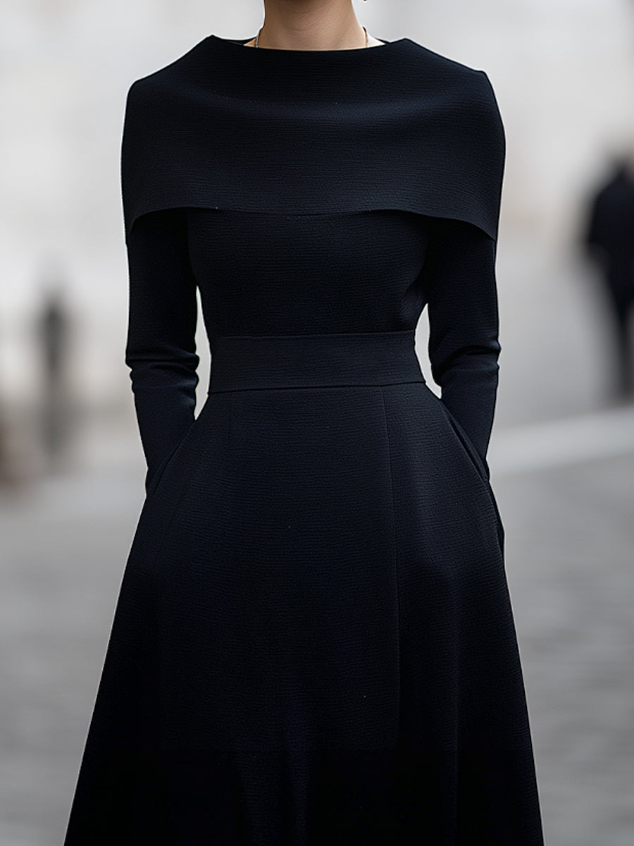 Draped Cape-Shoulder Midi Dress In Classic Black