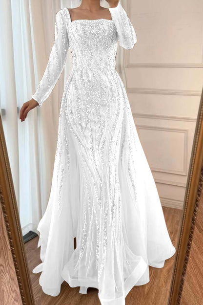 Square Neck Long Sleeves Long Mermaid Prom Dress With Beading Tulle